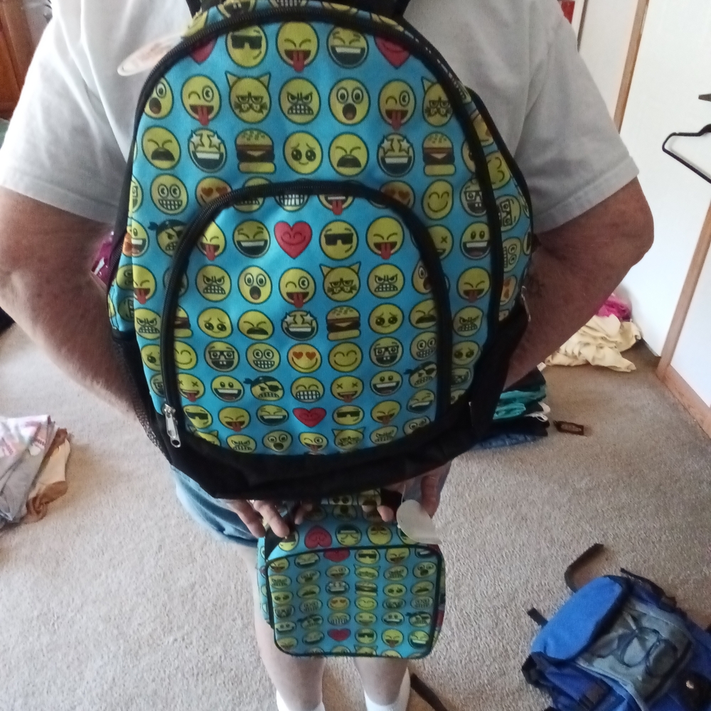 Emoji Face Kids Backpack and Lunchbox Set - Blue and Yellow